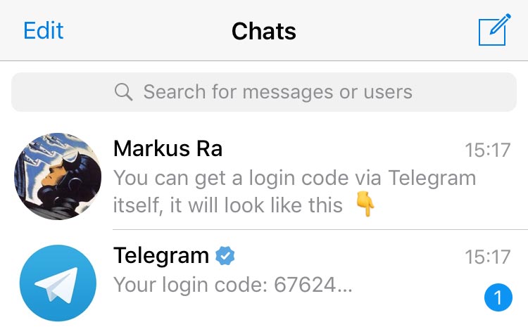 Code de connexion Telegram reçu dans l'application officielle