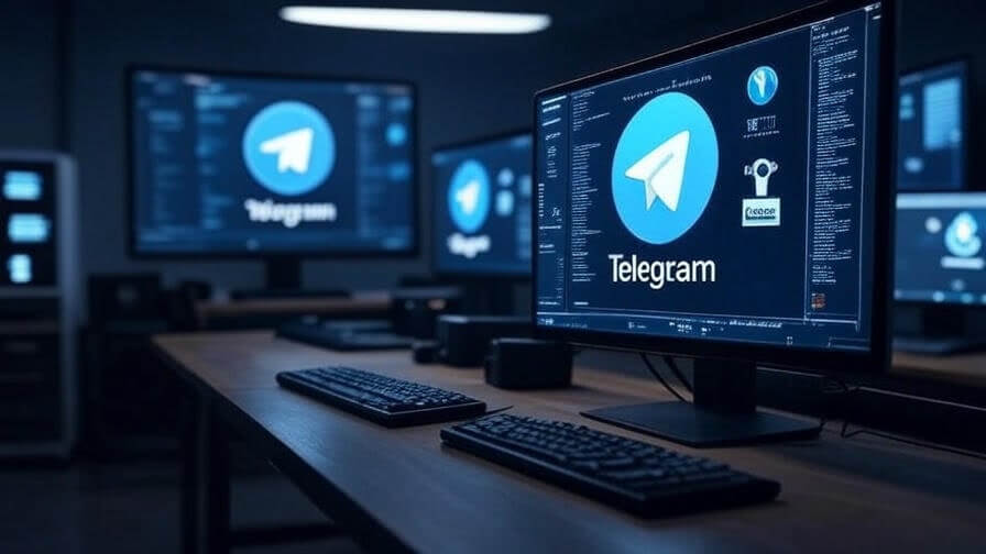 Plusieurs écrans affichant l'application Telegram sur ordinateur